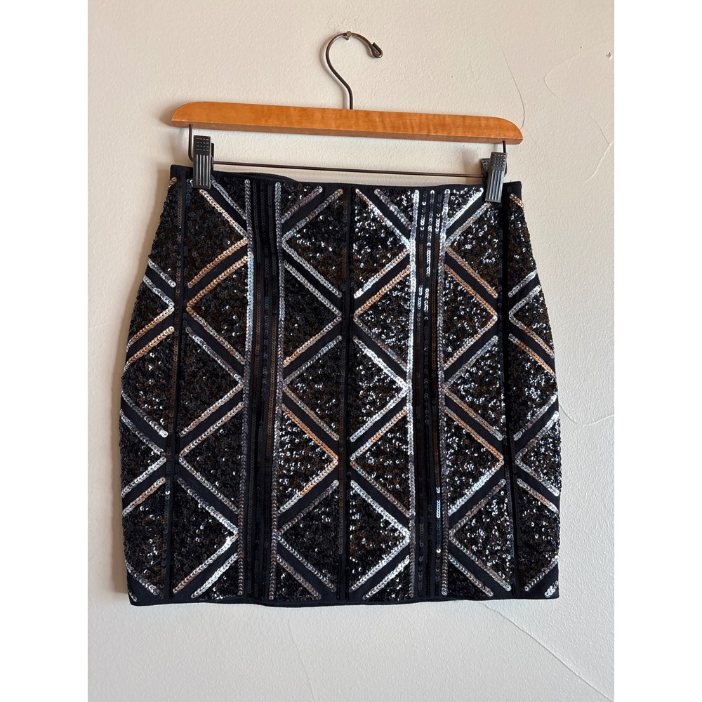 Express Womens Black Sequin Geometric Mini Skirt Silver Gold Party Size S